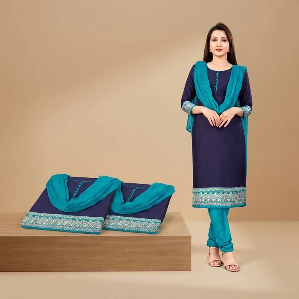 Unstitched_Navy_Blue_Crepe_Unstiched_Saree_And_Salwar_Set_With_Turquoise_Border_(Saree-5_M,_Blouse-_0.8_M)