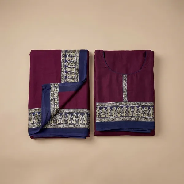 Unstitched_Wine_And_Blue_Crepe_Unstiched_Saree_And_Suit_Set_For_Airline_Crew_(Saree-5_M,_Blouse-_0.8_M)