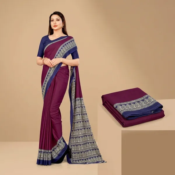 Unstitched_Wine_And_Blue_Crepe_Unstiched_Saree_And_Suit_Set_For_Airline_Crew_(Saree-5_M,_Blouse-_0.8_M)
