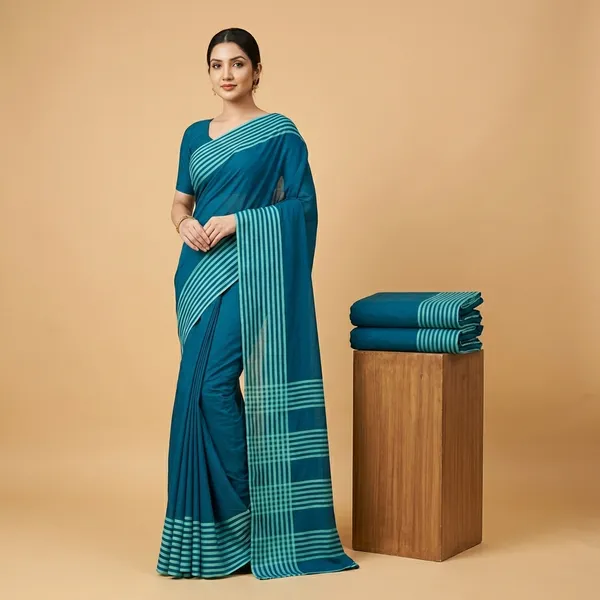 Teal_Blue_Crepe_Unstiched_Striped_Saree