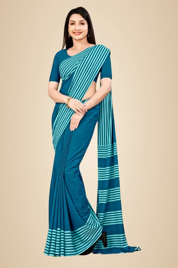 Teal_Blue_Crepe_Unstiched_Striped_Saree
