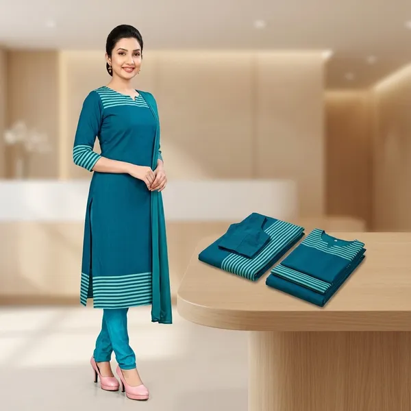 Unstitched_Teal_Blue_Crepe__Saree_And_Salwar_Suit_Combo_With_White_Stripes