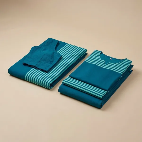 Unstitched_Teal_Blue_Crepe__Saree_And_Salwar_Suit_Combo_With_White_Stripes