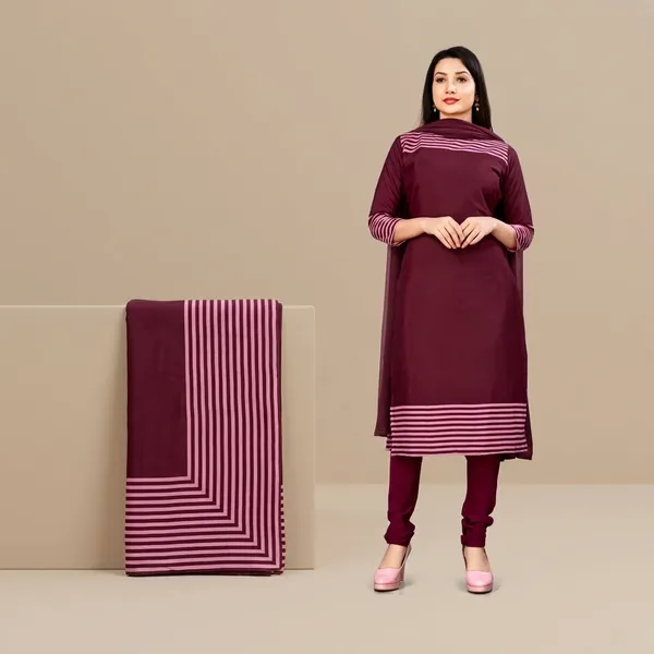 Unstitched_Wine_Crepe_Unstiched_Saree_And_Salwar_Suit_Set_With_Striped_Pattern_(Saree-5_M,_Blouse-_0.8_M)