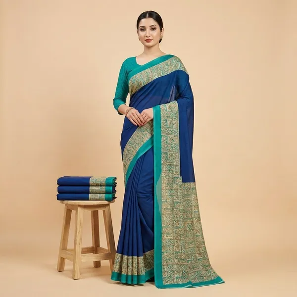 Unstitched_Blue_And_Gold_Blue_Crepe_Unstiched_Saree_With_Teal_Border_(Saree-5_M,_Blouse-_0.8_M)
