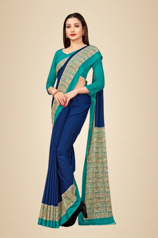 Unstitched_Blue_And_Gold_Blue_Crepe_Unstiched_Saree_With_Teal_Border_(Saree-5_M,_Blouse-_0.8_M)