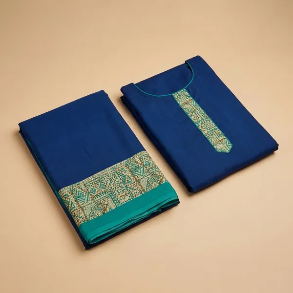 Unstitched_Navy_Blue_Combo_Crepe__Saree_With_Teal_Border_And_Salwar_Suit_With_Golden_Embellishment