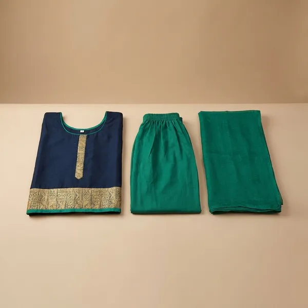 Blue_And_Gold_Crepe_Unstiched_Ethnic_Suit_Set_With_Green_Dupatta