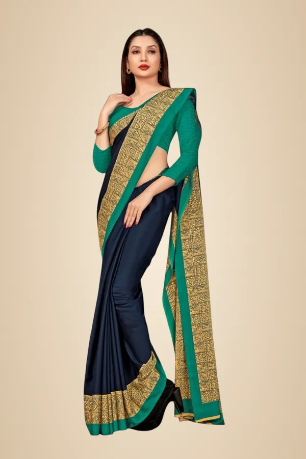 Unstitched_Navy_Blue_And_Gold_Crepe_Unstiched_Saree_With_Green_Border_(Saree-5_M,_Blouse-_0.8_M)