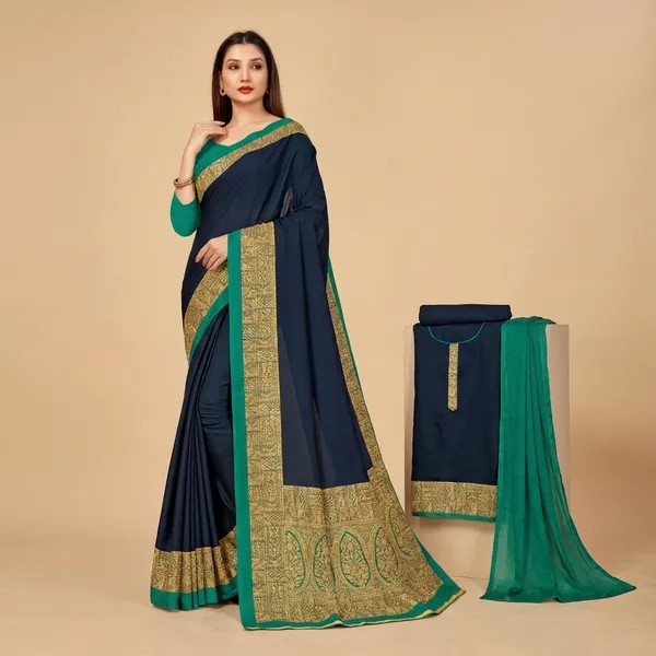Unstitched_Navy_Blue_And_Gold_Crepe__Saree_And_Salwar_Suit_Combo_With_Gold_Border