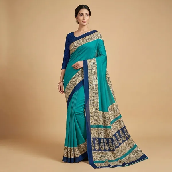 Unstitched_Teal_Blue_And_Gold_Crepe_Unstiched_Saree_Blouse_And_Golden_Border_(Saree-5_M,_Blouse-_0.8_M)