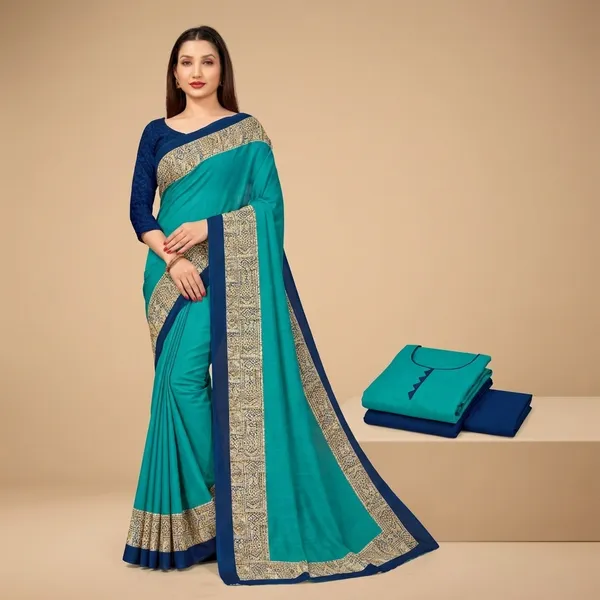 Unstitched_Teal_Blue_And_Blue_Crepe__Saree_And_Salwar_Suit_Combo_For_Women