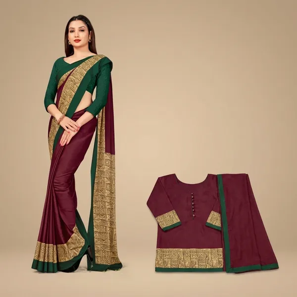 Unstitched_Wine_Ethnic_Wear_Combo_Crepe__Saree_And_Salwar_Suit_Set_With_Golden_Border