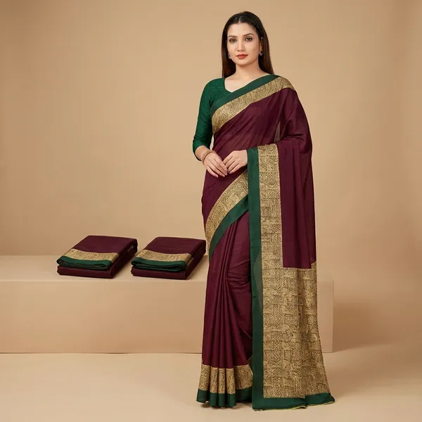 Unstitched_Wine_And_Gold_Crepe_Unstiched_Saree_With_Green_Border_And_Gold_Lace_(Saree-5_M,_Blouse-_0.8_M)