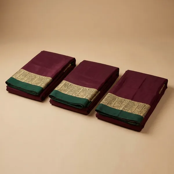 Unstitched_Wine_And_Gold_Crepe_Unstiched_Saree_With_Green_Border_And_Gold_Lace_(Saree-5_M,_Blouse-_0.8_M)