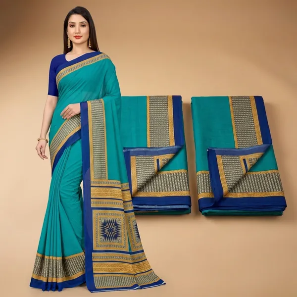 Turquoise_Blue_Ethnic_Crepe_Unstiched_Printed_Saree_With_Border