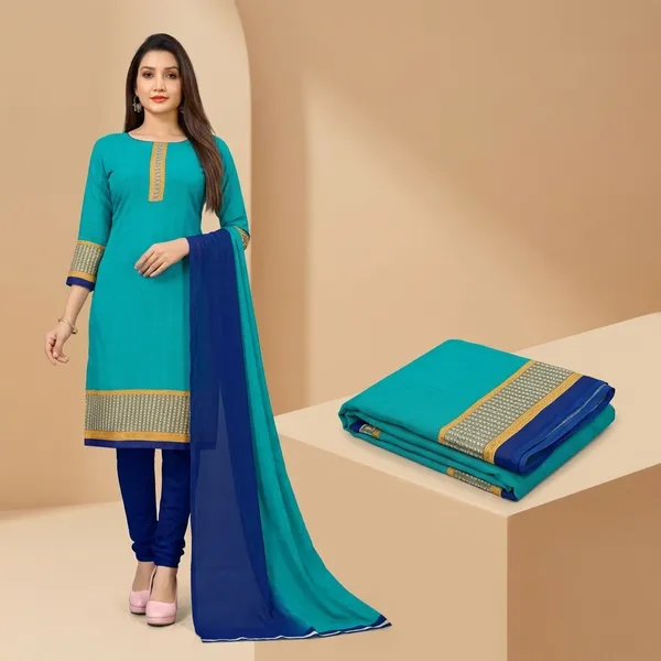 Unstitched_Turquoise_Blue_And_Navy_Blue_Crepe__Ethnic_Combo_Saree_With_Border_And_Matching_Salwar_Suit_Set
