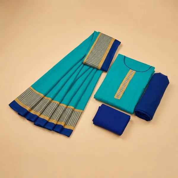 Unstitched_Turquoise_Blue_And_Navy_Blue_Crepe__Ethnic_Combo_Saree_With_Border_And_Matching_Salwar_Suit_Set