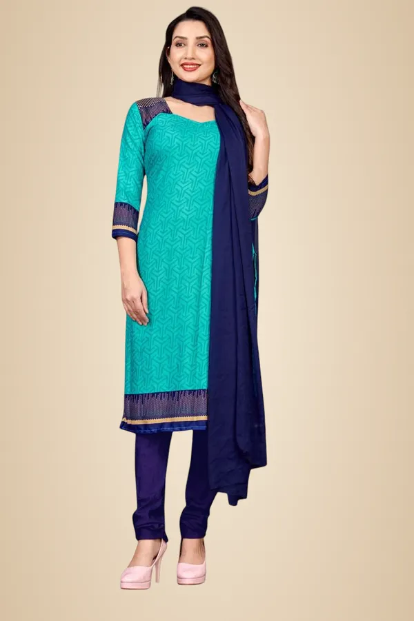 Turquoise_And_Blue_Crepe_Unstiched_Suit_Set_With_Navy_Blue_Dupatta