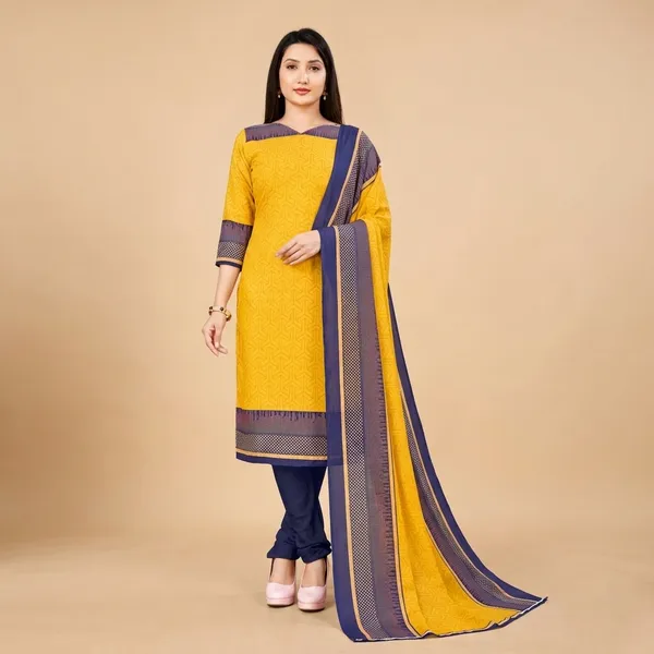 Unstitched_Yellow_And_Blue_Crepe__Saree_With_Salwar_Suit_Combo_Set_-_Traditional_Indian_Ethnic_Wear