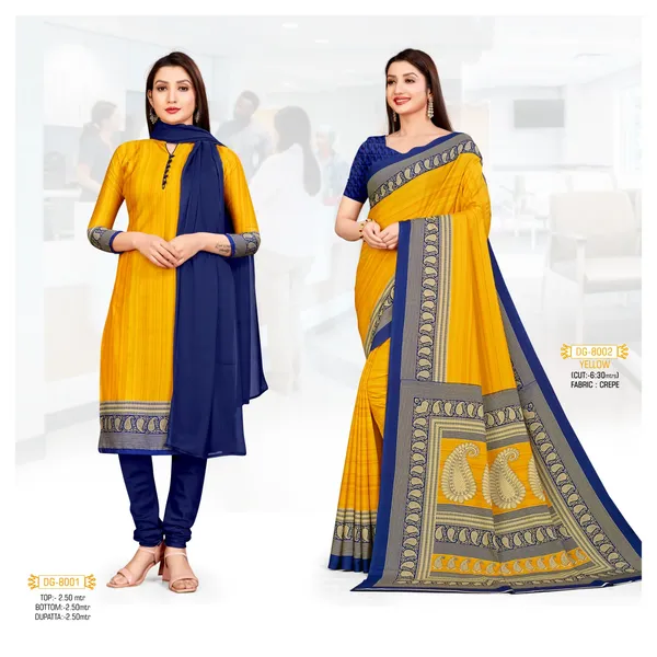 Unstitched_Unstitched_Yellow_And_Blue_Crepe__Salwar_Suit_And_Saree_Combo_Set