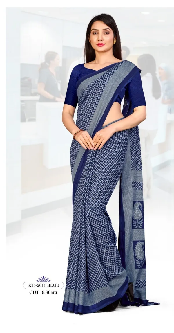 Unstitched_Navy_Blue_Crepe__Printed_Saree_And_Salwar_Suit_Combo_Set