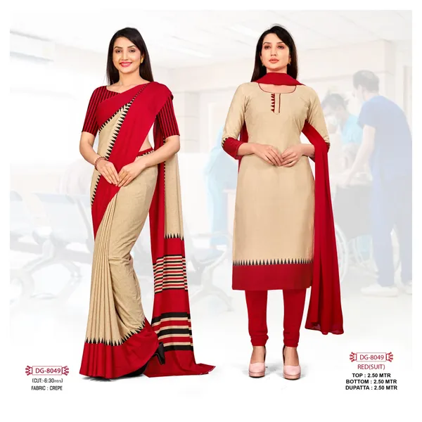 Unstitched_Beige_And_Red_Ethnic_Wear_Combo_Crepe__Saree_With_Blouse_And_Suit_Set