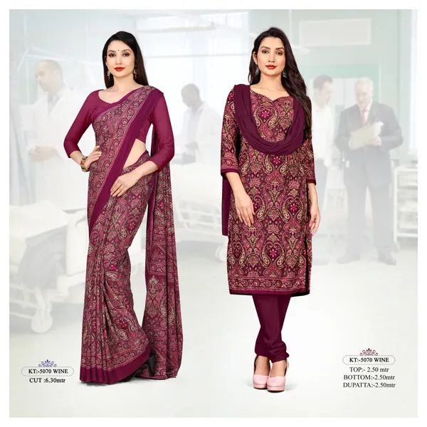 Unstitched_Wine_Printed_Crepe__Saree_And_Salwar_Suit_Combo