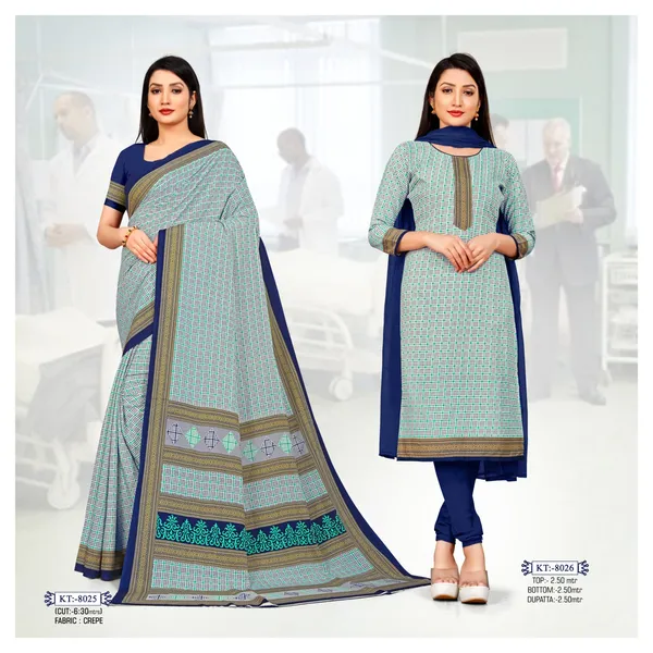 Unstitched_Turquoise_Blue_Crepe__Printed_Saree_And_Salwar_Suit_Combo_Set