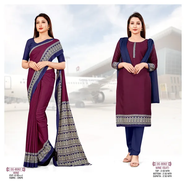 Unstitched_Wine_And_Blue_Crepe_Unstiched_Saree_And_Suit_Set_For_Airline_Crew_(Saree-5_M,_Blouse-_0.8_M)