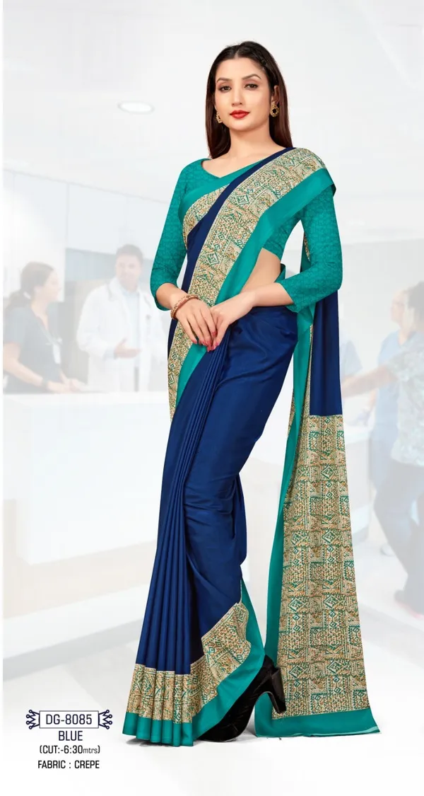 Unstitched_Navy_Blue_Combo_Crepe__Saree_With_Teal_Border_And_Salwar_Suit_With_Golden_Embellishment