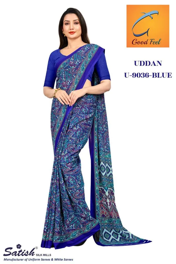 Blue_Chiffon_Crepe_Unstiched_Printed_Saree_With_Royal_Blue_Blouse