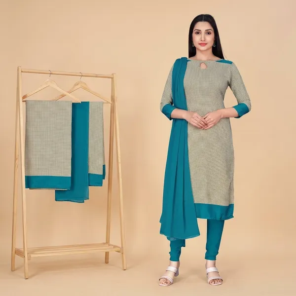 Beige_And_Teal_Blue_Soft_Crepe_Unstiched_Suit_-_Checkered_Salwar_Kameez_Set