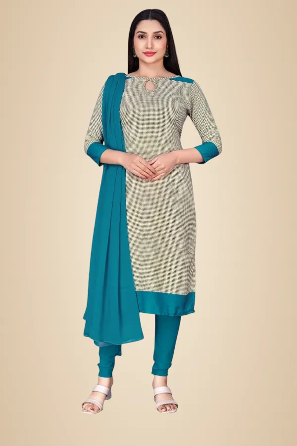 Beige_And_Teal_Blue_Soft_Crepe_Unstiched_Suit_-_Checkered_Salwar_Kameez_Set