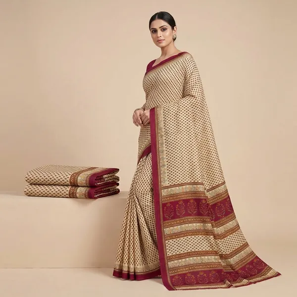 Unstitched_Beige_And_Maroon_Traditional_Beige_Printed_Soft_Crepe_Unstiched_Saree_With_Maroon_Border_(Saree-5_M,_Blouse-_0.8_M)
