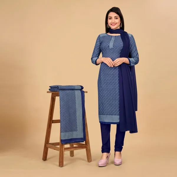 Unstitched_Navy_Blue_Crepe__Printed_Saree_And_Salwar_Suit_Combo_Set