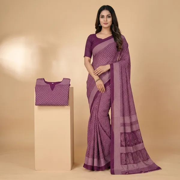 Unstitched_Wine_Crepe__Set_Saree_And_Salwar_Suit_Combo