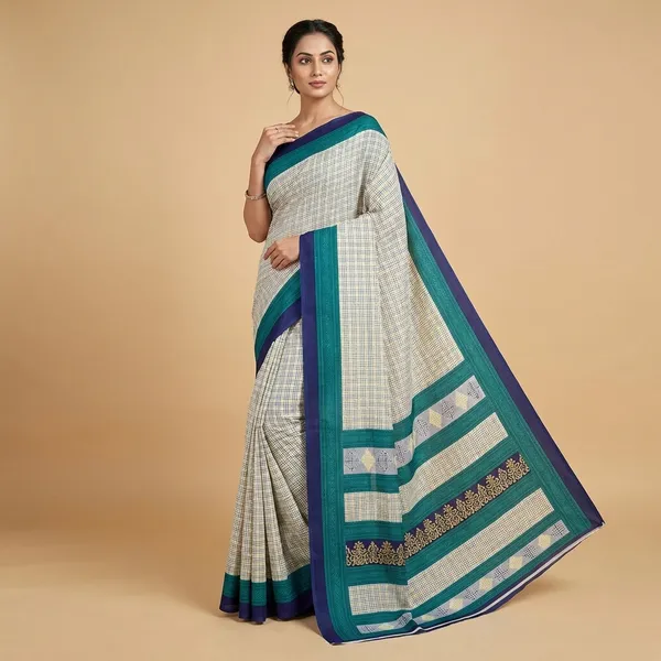Unstitched_Teal_Blue_Sarish_Traditional_Check_Print_Soft_Crepe_Unstiched_Saree_(Saree-5_M,_Blouse-_0.8_M)