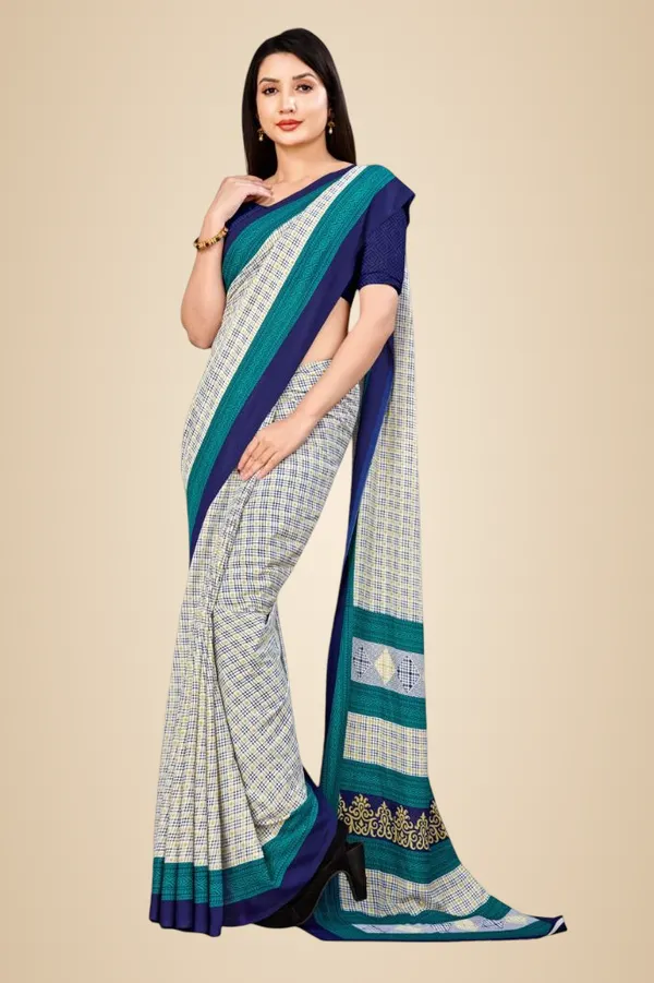 Unstitched_Teal_Blue_Sarish_Traditional_Check_Print_Soft_Crepe_Unstiched_Saree_(Saree-5_M,_Blouse-_0.8_M)