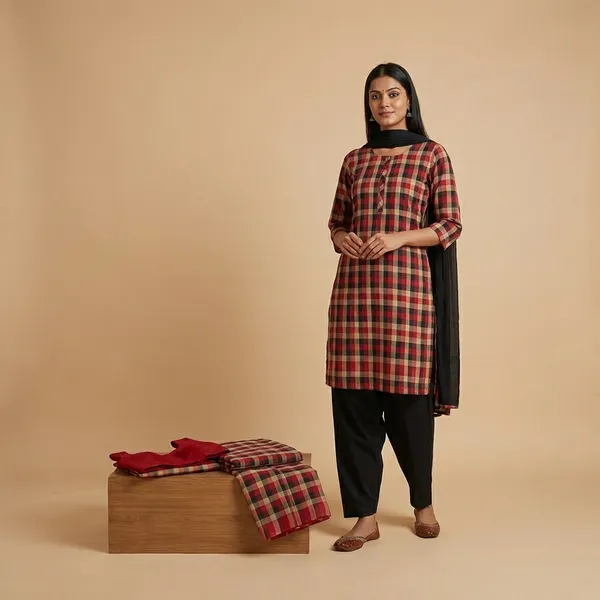 Unstitched_Maroon_And_Black_Traditional_Crepe__Saree_And_Salwar_Suit_Combo_-_Checkered_Pattern