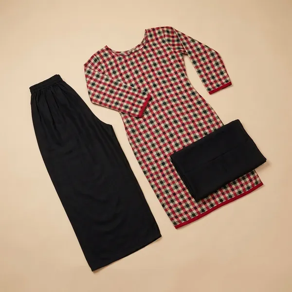 Maroon_And_Black_Checkered_Soft_Crepe_Unstiched_Kurta_Suit_Set_With_Dupatta