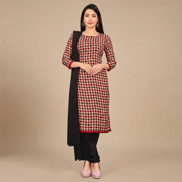 Maroon_And_Black_Checkered_Soft_Crepe_Unstiched_Kurta_Suit_Set_With_Dupatta