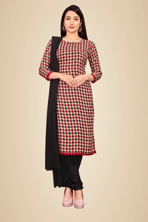 Maroon_And_Black_Checkered_Soft_Crepe_Unstiched_Kurta_Suit_Set_With_Dupatta