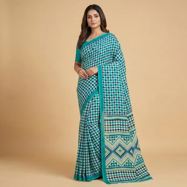 Unstitched_Teal_Blue_Checkered_Soft_Crepe_Unstiched_Saree_(Saree-5_M,_Blouse-_0.8_M)