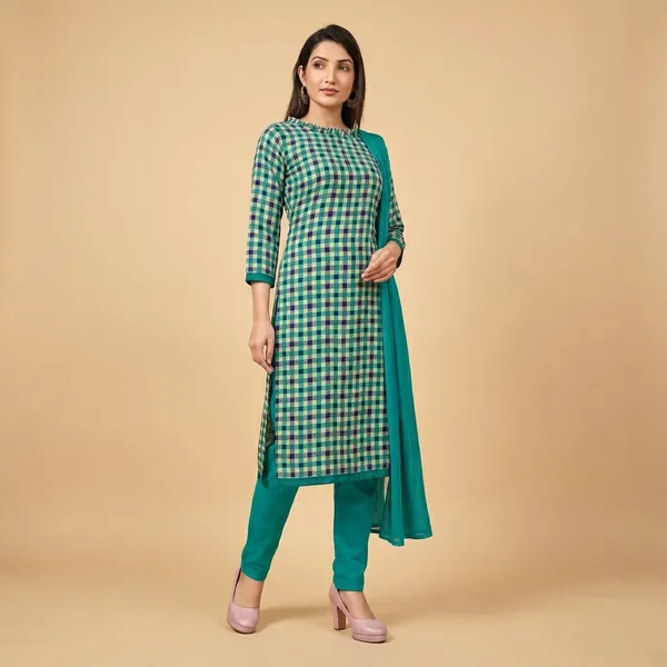 Teal_Blue_Soft_Crepe_Unstiched_Suit_-_Checkered_Kurta_Set_With_Dupatta