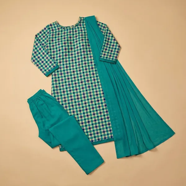 Teal_Blue_Soft_Crepe_Unstiched_Suit_-_Checkered_Kurta_Set_With_Dupatta