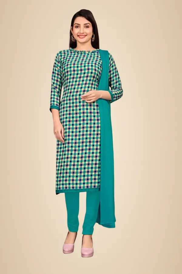 Teal_Blue_Soft_Crepe_Unstiched_Suit_-_Checkered_Kurta_Set_With_Dupatta