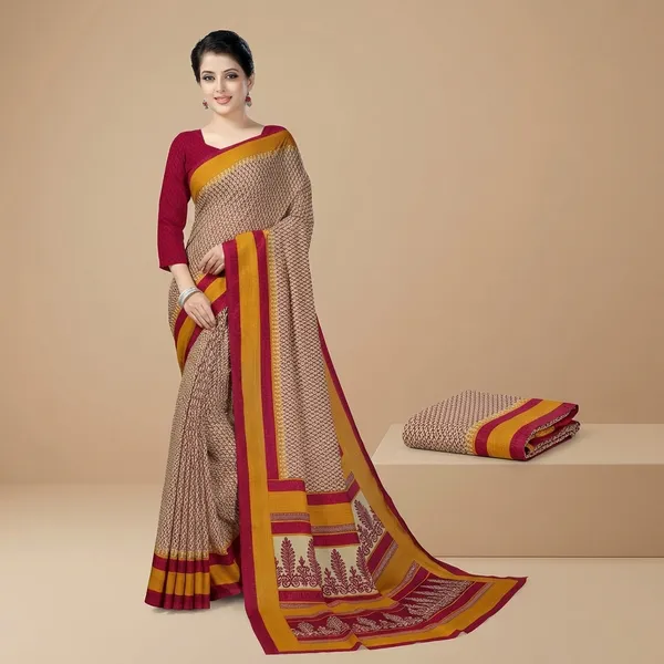 Beige_And_Yellow_Suit_Set_Printed_Saree_With_Contrast_Border