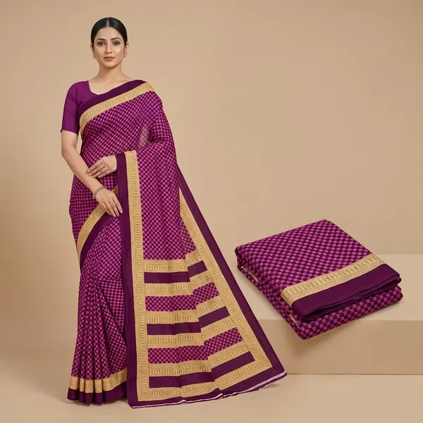 Unstitched_Pink_Magenta_Checkered_Soft_Crepe_Unstiched_Saree_With_Golden_Border_(Saree-5_M,_Blouse-_0.8_M)