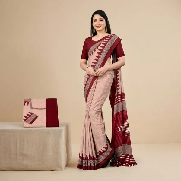 Unstitched_Maroon_Crepe__Saree_And_Salwar_Suit_Combo_Set